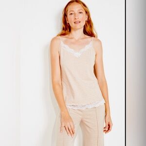 Talbots Organic Cotton Jersey Striped Lace Trim Cami‎ Beige Striped Small NEW